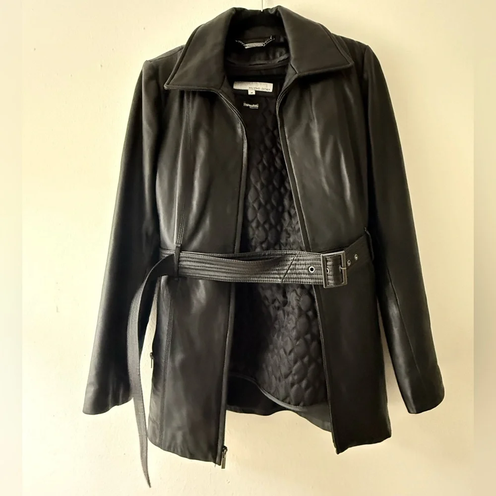 Wilson’s Black Leather Belted Jacket - Size M - Picture 5 of 16